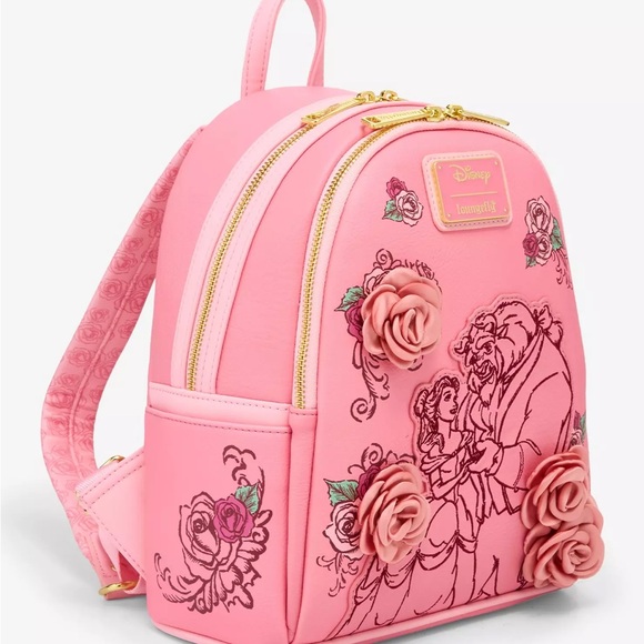 Loungefly Disney Beauty and the Beast pink backpack w/ 3D flowers - Picture 2 of 4